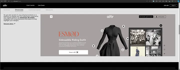 ALTR platform showcase — a 3D digital twin of an ESMOD sidesaddle riding outfit with interactive context hotspots