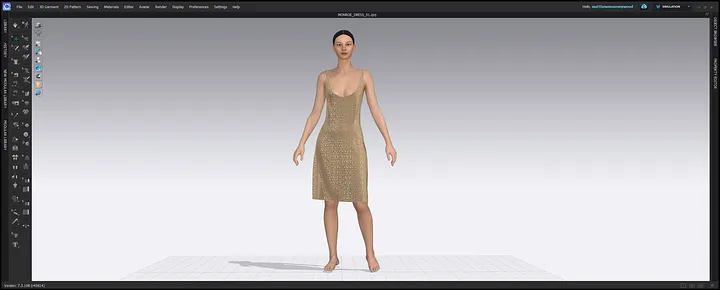 A digital twin of the crystal gown simulated on an avatar in CLO3D