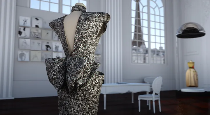 Dior archival gown digitally recreated by Monochrome Paris, displayed in a rendered Parisian atelier