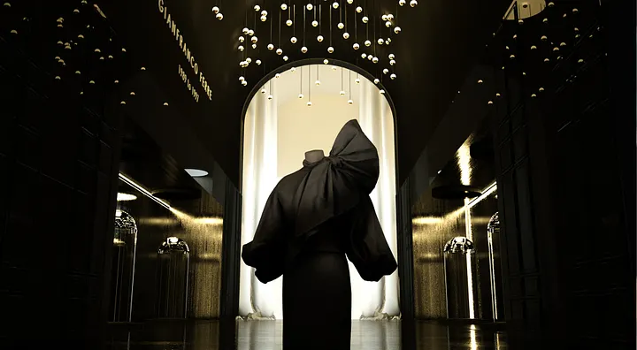Dior archival gown digital twin by Monochrome Paris in a dramatic rendered gallery setting