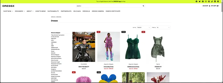 DressX online storefront listing digital-fashion dresses available to download