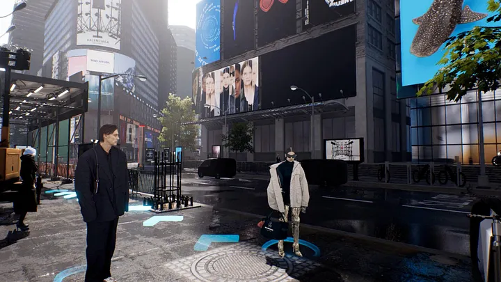 Afterworld game-play — an avatar in a surreal, rain-slicked Times Square environment
