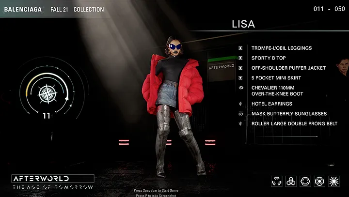 Afterworld in-game collection screen for look 011/050, 'Lisa', with an itemised garment list