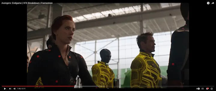 VFX breakdown from Marvel's Avengers: Endgame — actors in motion-capture reference suits with tracking markers