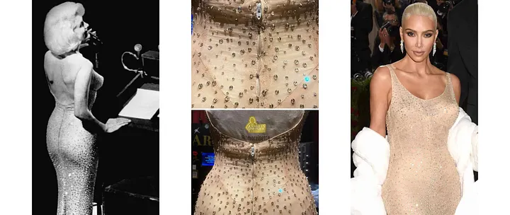 Composite of social-media images: Marilyn Monroe in the gown in 1962, close-ups of crystal damage, and Kim Kardashian wearing it at the MET gala