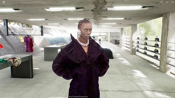 Afterworld virtual showroom — an avatar browsing a below-ground retail space of racks and shelved bags