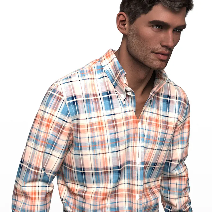CG3D render — avatar in an orange, blue and cream checked button-down shirt