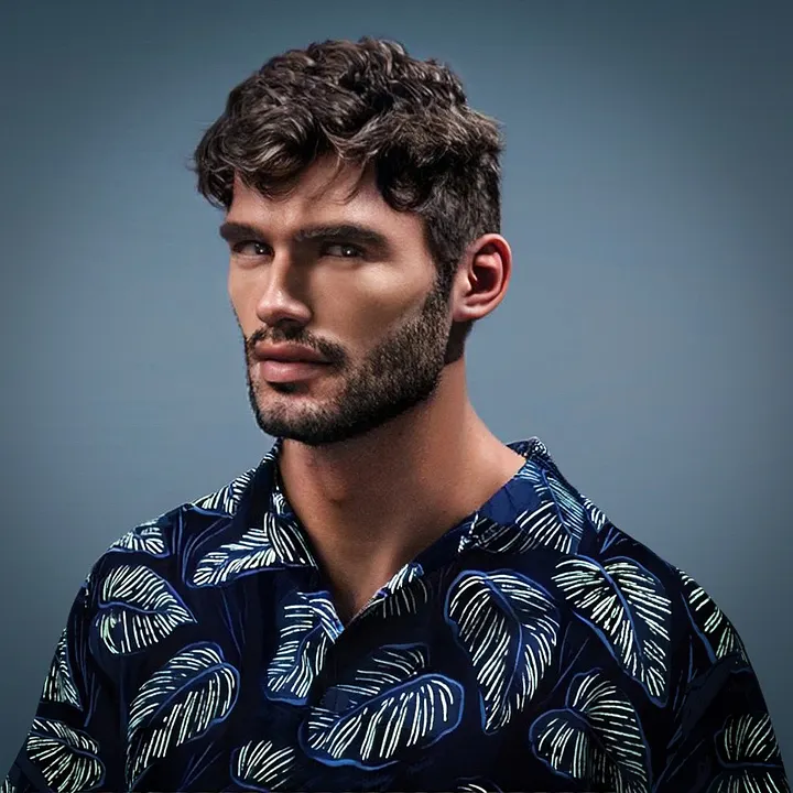 CG3D digital fashion render — male avatar in a botanical-print short-sleeve shirt