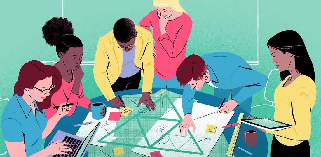 Illustration of a diverse team gathered around a table, sketching the Triple Bottom Line triangle together